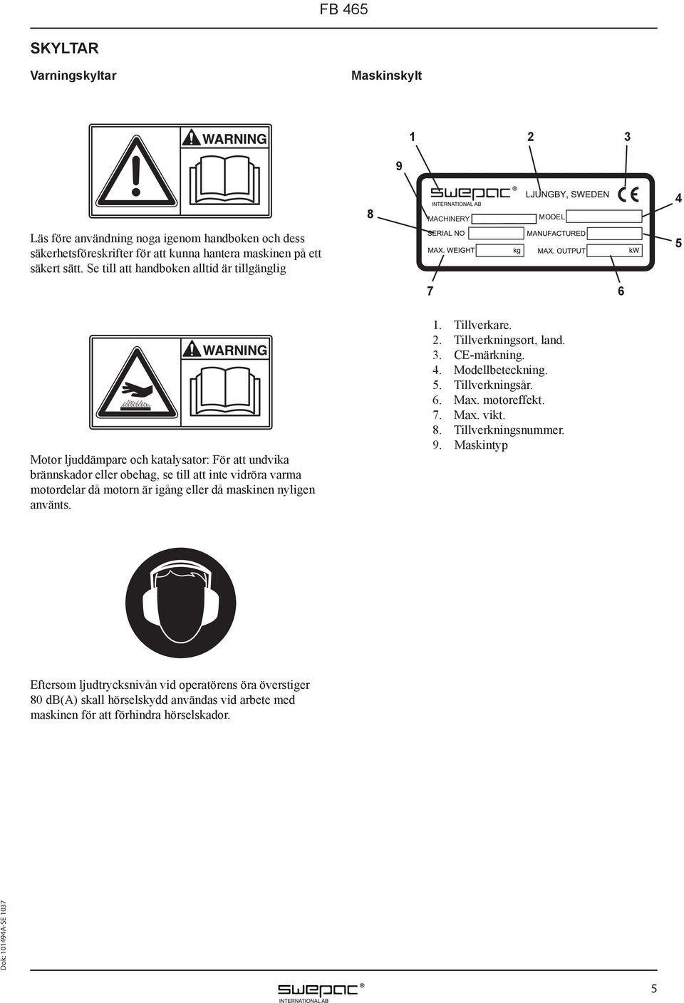 är igång eller då maskinen nyligen använts.. Tillverkare. 2. Tillverkningsort, land. 3. CE-märkning. 4. Modellbeteckning. 5. Tillverkningsår. 6. Max. motoreffekt. 7. Max. vikt. 8.