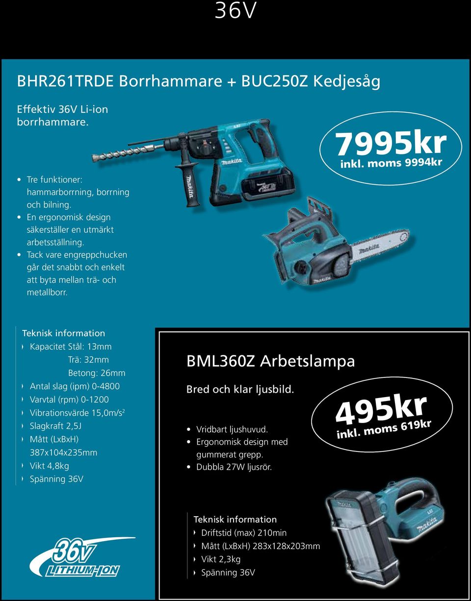 moms 9994kr Kapacitet Stål: 13mm Trä: 32mm Betong: 26mm Antal slag (ipm) 0-4800 Varvtal (rpm) 0-1200 Vibrationsvärde 15,0m/s 2 Slagkraft 2,5J 387x104x235mm Vikt 4,8kg