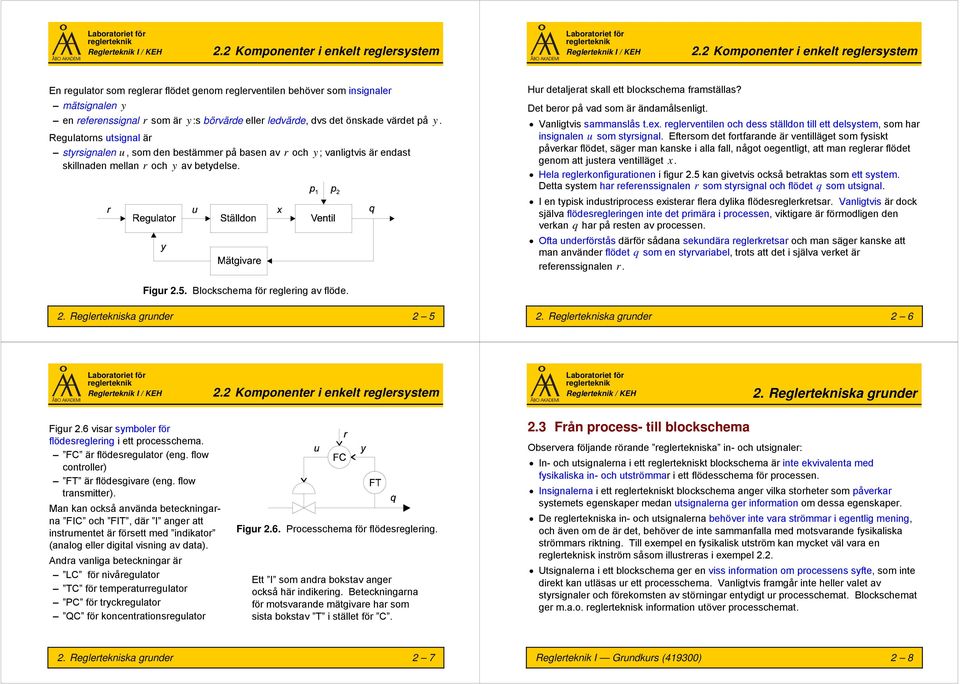 värdet på y. Regulatorns utsignal är styrsignalen u, som den bestämmer på basen av r och y ; vanligtvis är endast skillnaden mellan r och y av betydelse.