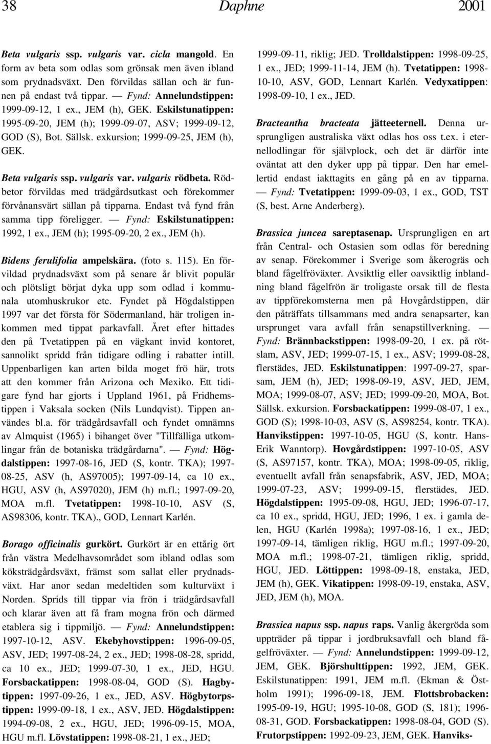 Beta vulgaris ssp. vulgaris var. vulgaris rödbeta. Rödbetor förvildas med trädgårdsutkast och förekommer förvånansvärt sällan på tipparna. Endast två fynd från samma tipp föreligger.