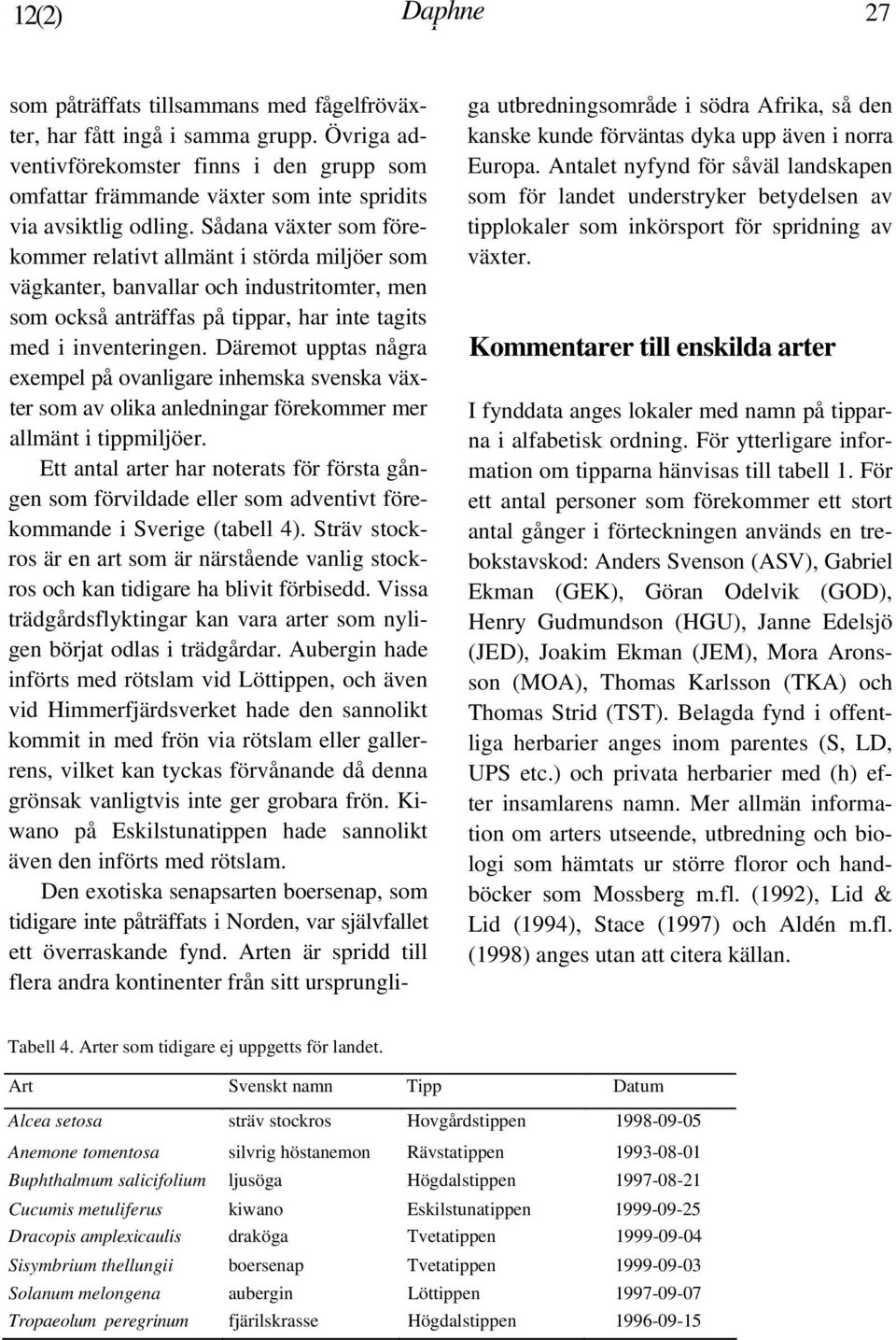 Sådana växter som förekommer relativt allmänt i störda miljöer som vägkanter, banvallar och industritomter, men som också anträffas på tippar, har inte tagits med i inventeringen.