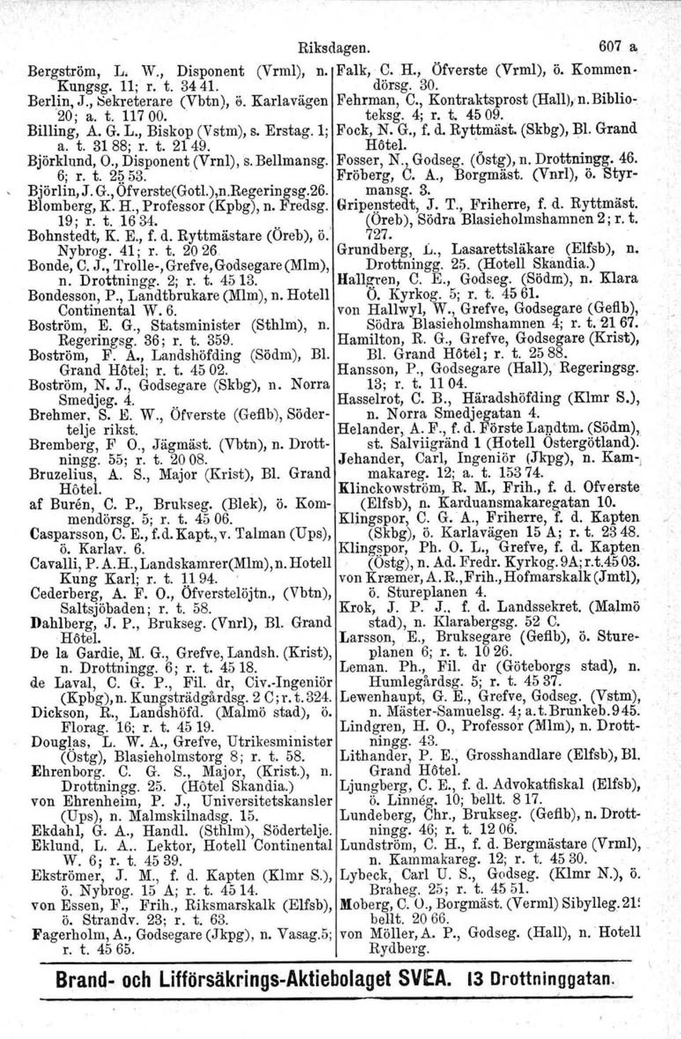 ' Björklund, O., Disponent (Vrnl), s.bellmansg, Fosser, N., Godseg. (Östg), n. Drottningg. 46. s, r. t. 2 53.' Fröberg. C. A., Borgmäst. (Vnrl), ö. St yr- Björlin, J. G., Ofverste(Gotl.),n.Regeringsg.