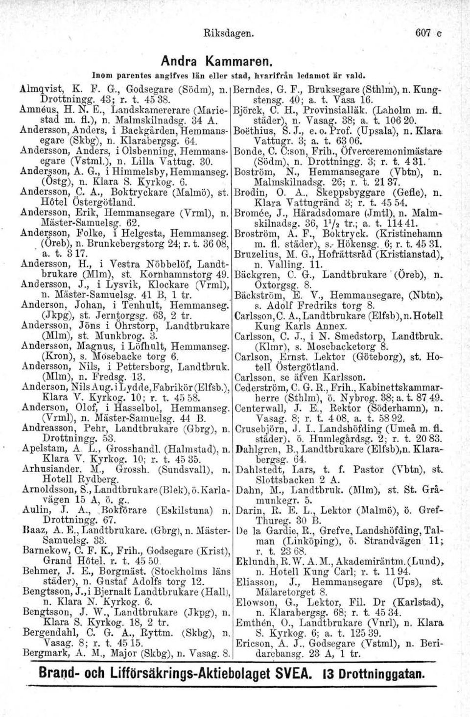 Andersson, Anders, i Backgården. Hemmans- Boethius, s. J., e. o. Prof. (Up sala), n. Klara. egare (Skbg), n. Klarabergsg. 64. Vattugr. 3; a. t. 6? 06.