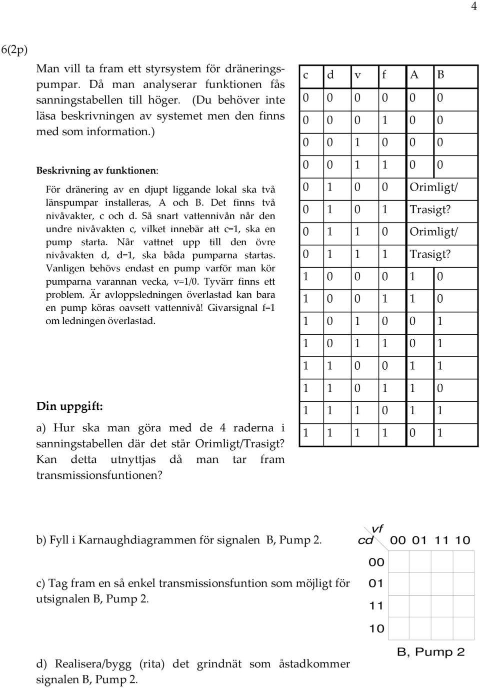 Det finns två nivåvakter, c och d. Så snart vattennivån når den undre nivåvakten c, vilket innebär att c, ska en pump starta. Når vattnet upp till den övre nivåvakten d, d, ska båda pumparna startas.