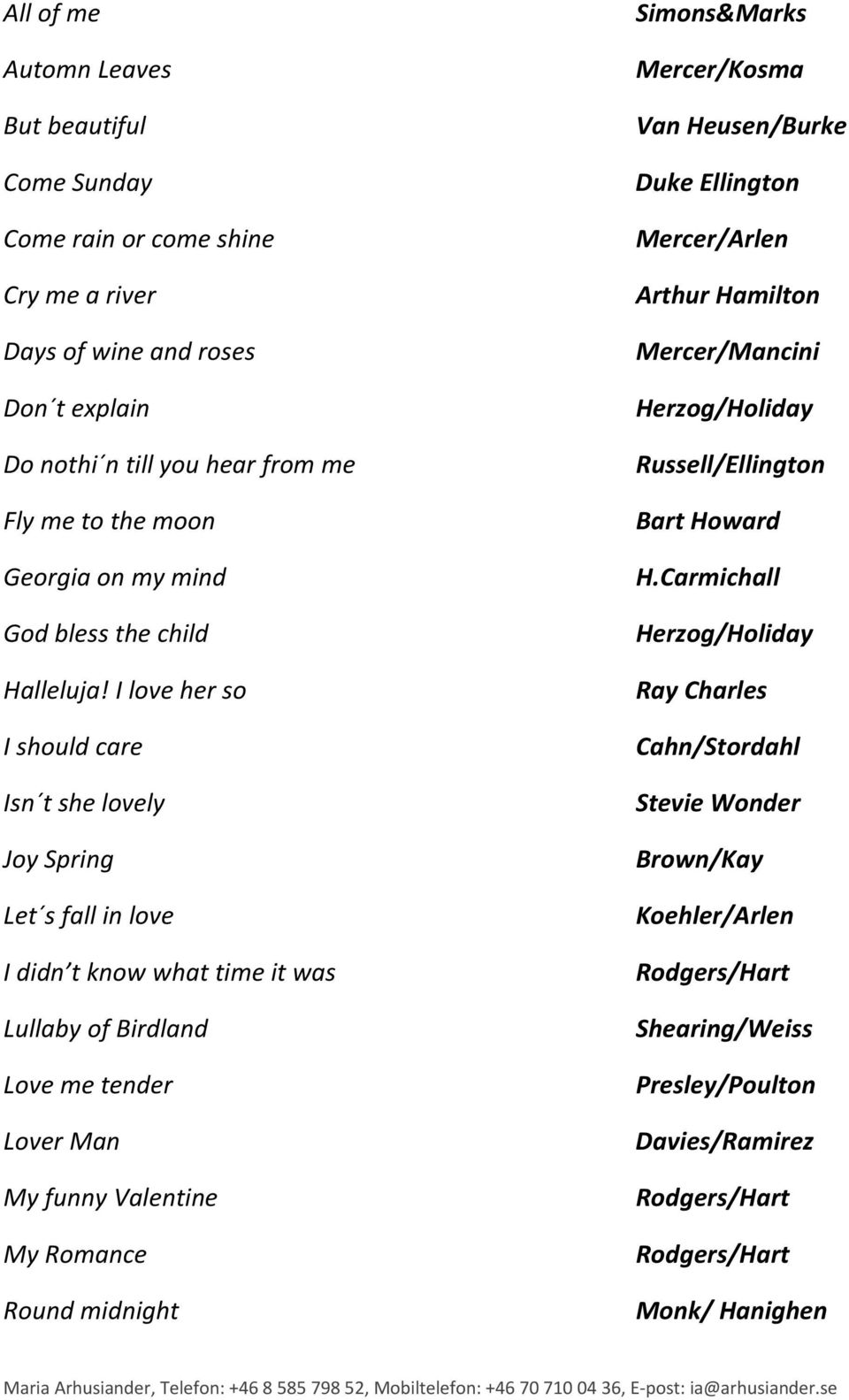 I love her so I should care Isn t she lovely Joy Spring Let s fall in love I didn t know what time it was Lullaby of Birdland Love me tender Lover Man My funny Valentine My Romance