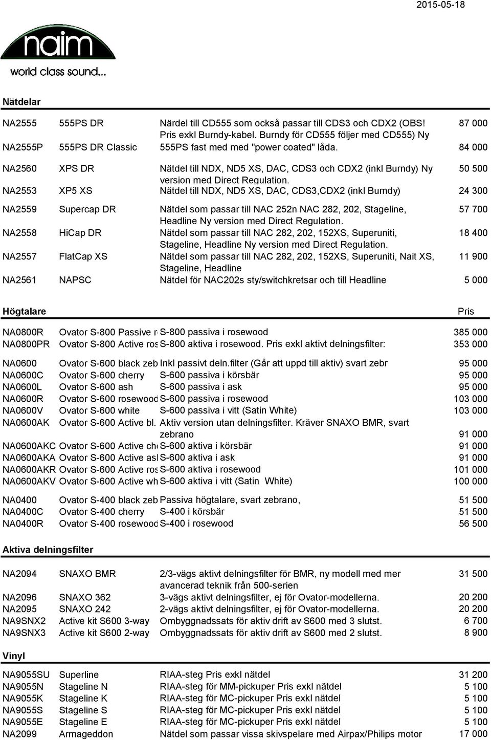 84 000 NA2560 XPS DR Nätdel till NDX, ND5 XS, DAC, CDS3 och CDX2 (inkl Burndy) Ny 50 500 version med Direct Regulation.