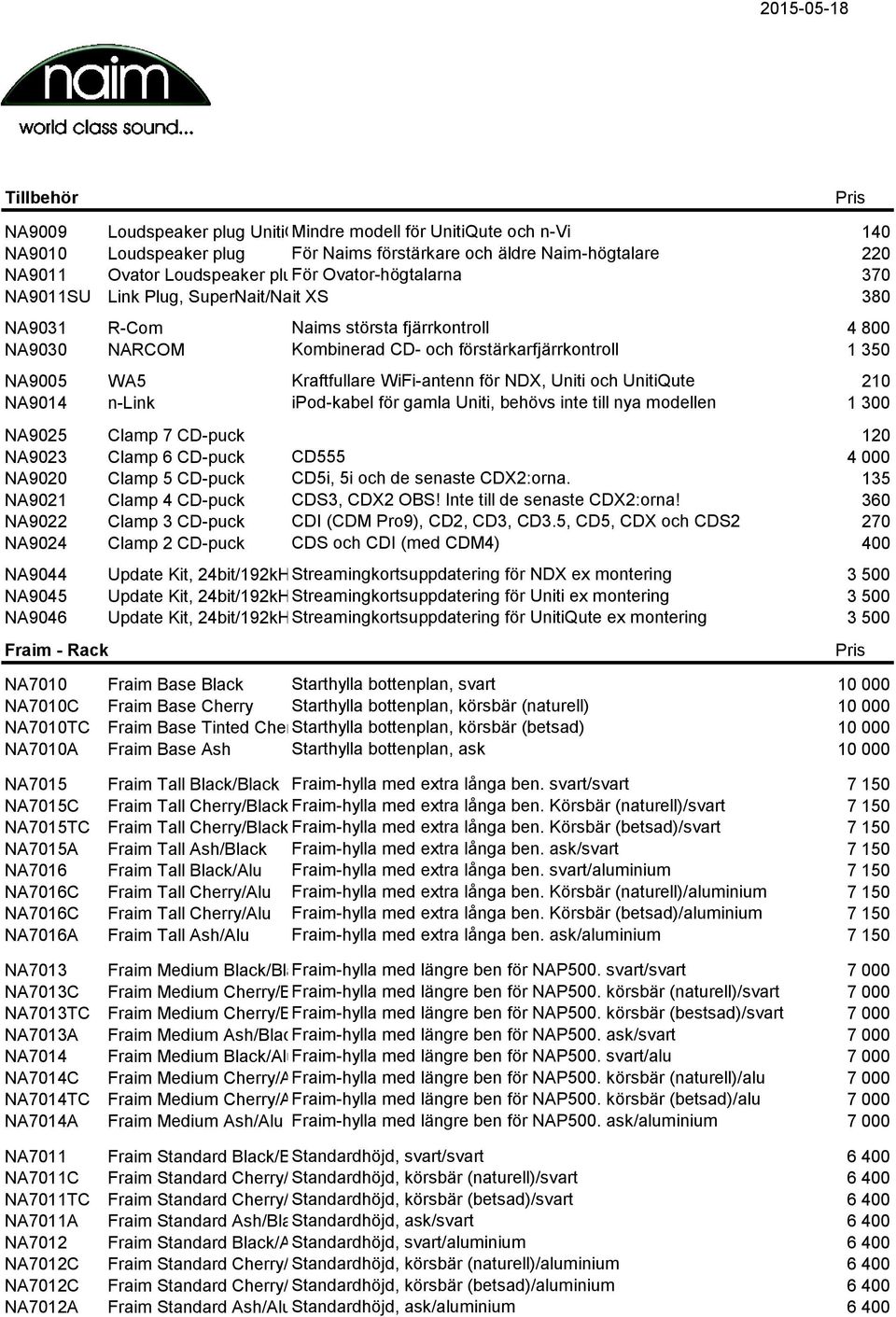WiFi-antenn för NDX, Uniti och UnitiQute 210 NA9014 n-link ipod-kabel för gamla Uniti, behövs inte till nya modellen 1 300 NA9025 Clamp 7 CD-puck 120 NA9023 Clamp 6 CD-puck CD555 4 000 NA9020 Clamp 5