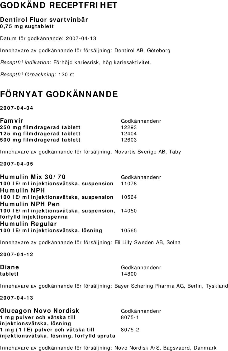 försäljning: Novartis Sverige AB, Täby 2007-04-05 Humulin Mix 30/70 100 IE/ml injektionsvätska, suspension 11078 Humulin NPH 100 IE/ml injektionsvätska, suspension 10564 Humulin NPH Pen 100 IE/ml