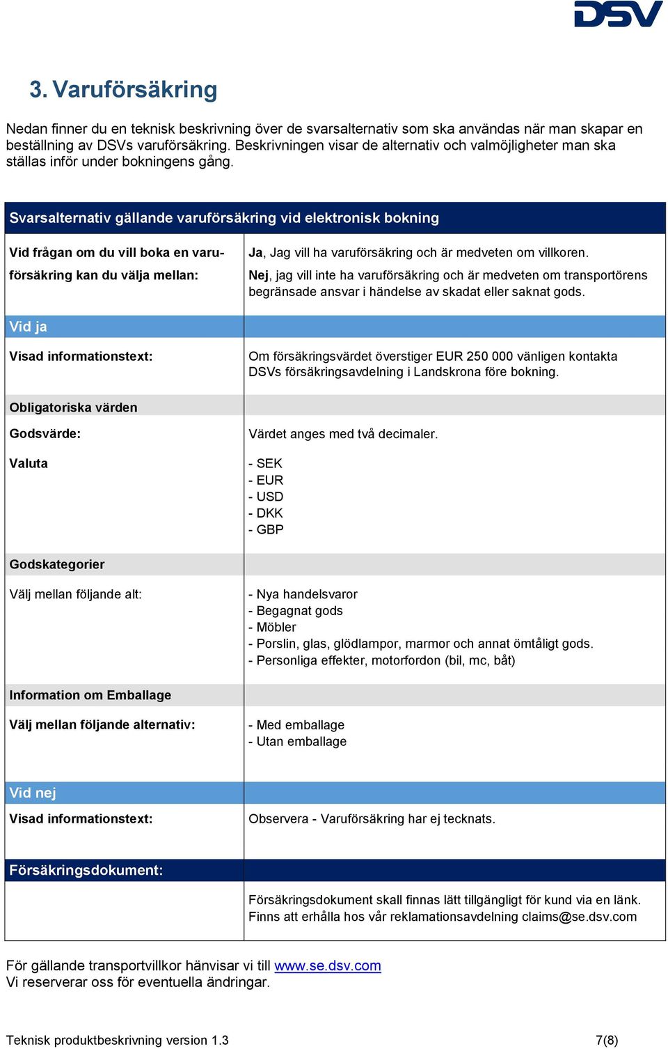 Svarsalternativ gällande varuförsäkring vid elektronisk bokning Vid frågan om du vill boka en varu- försäkring kan du välja mellan: Ja, Jag vill ha varuförsäkring och är medveten om villkoren.