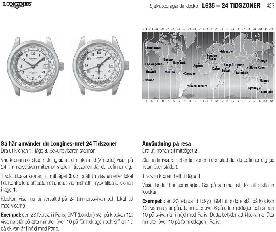 Tryck tillbaka kronan till mittläget 2 och ställ timvisaren efter lokal tid. Kontrollera att datumet ändras vid midnatt. Tryck tillbaka kronan i läge 1.