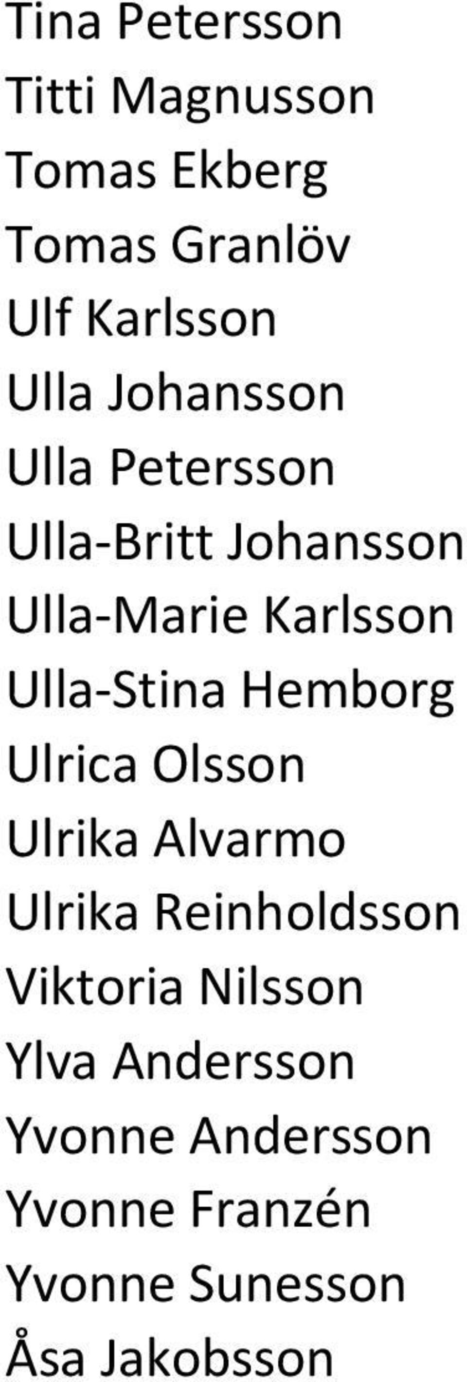 Stina Hemborg Ulrica Olsson Ulrika Alvarmo Ulrika Reinholdsson Viktoria