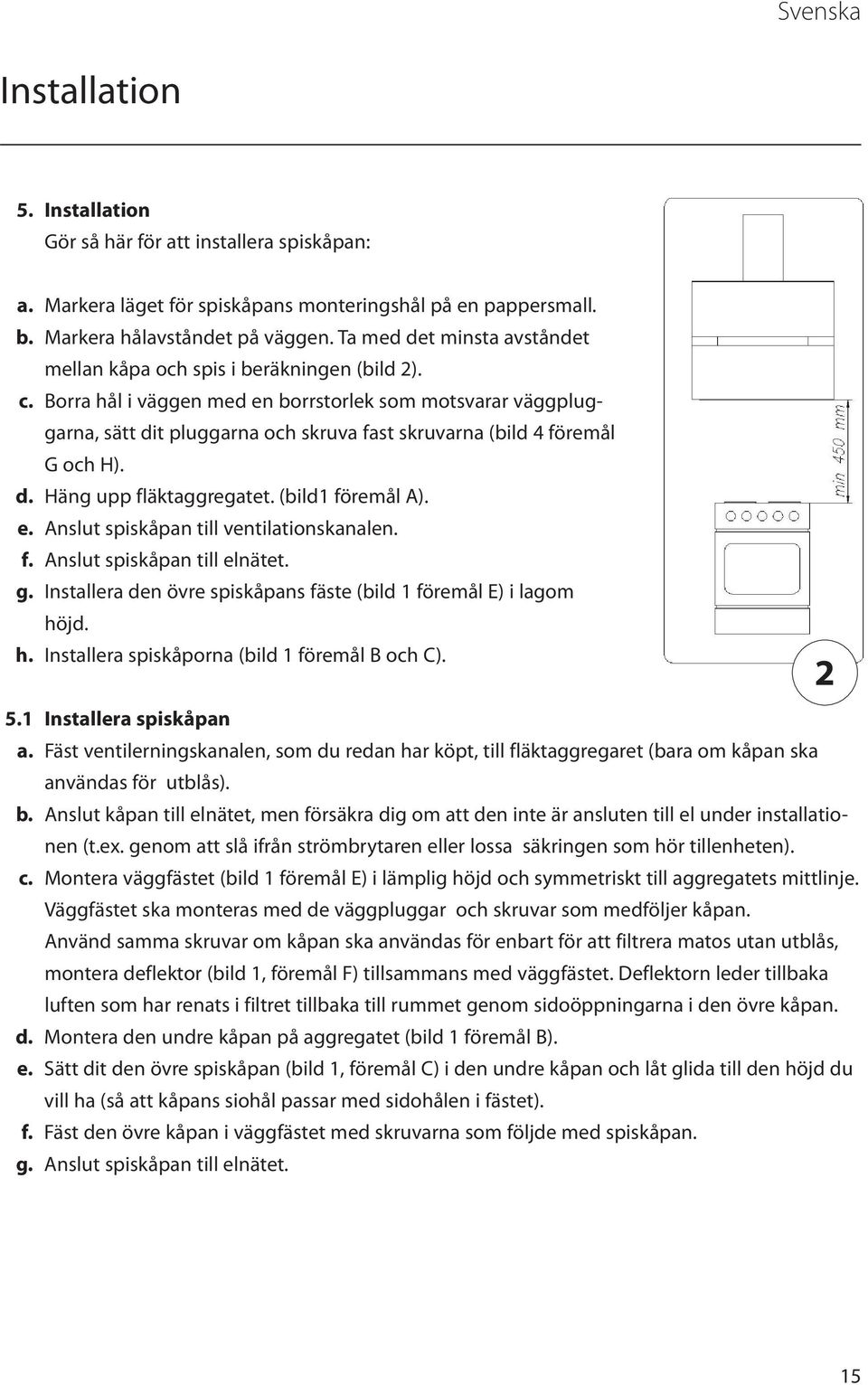 Borra hål i väggen med en borrstorlek som motsvarar väggpluggarna, sätt dit pluggarna och skruva fast skruvarna (bild 4 föremål G och H). d. Häng upp fläktaggregatet. (bild1 föremål A). e. Anslut spiskåpan till ventilationskanalen.