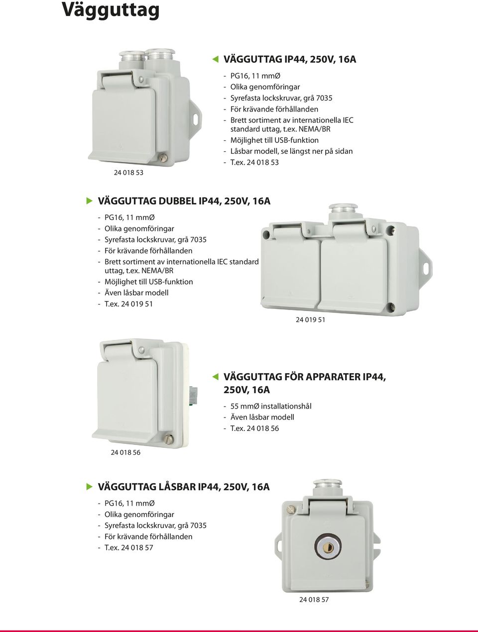 24 018 53 VÄGGUTTAG DUBBEL IP44, 250V, 16A Syrefasta lockskruvar, grå 7035 Brett sortiment av internationella IEC standard uttag, t.ex.