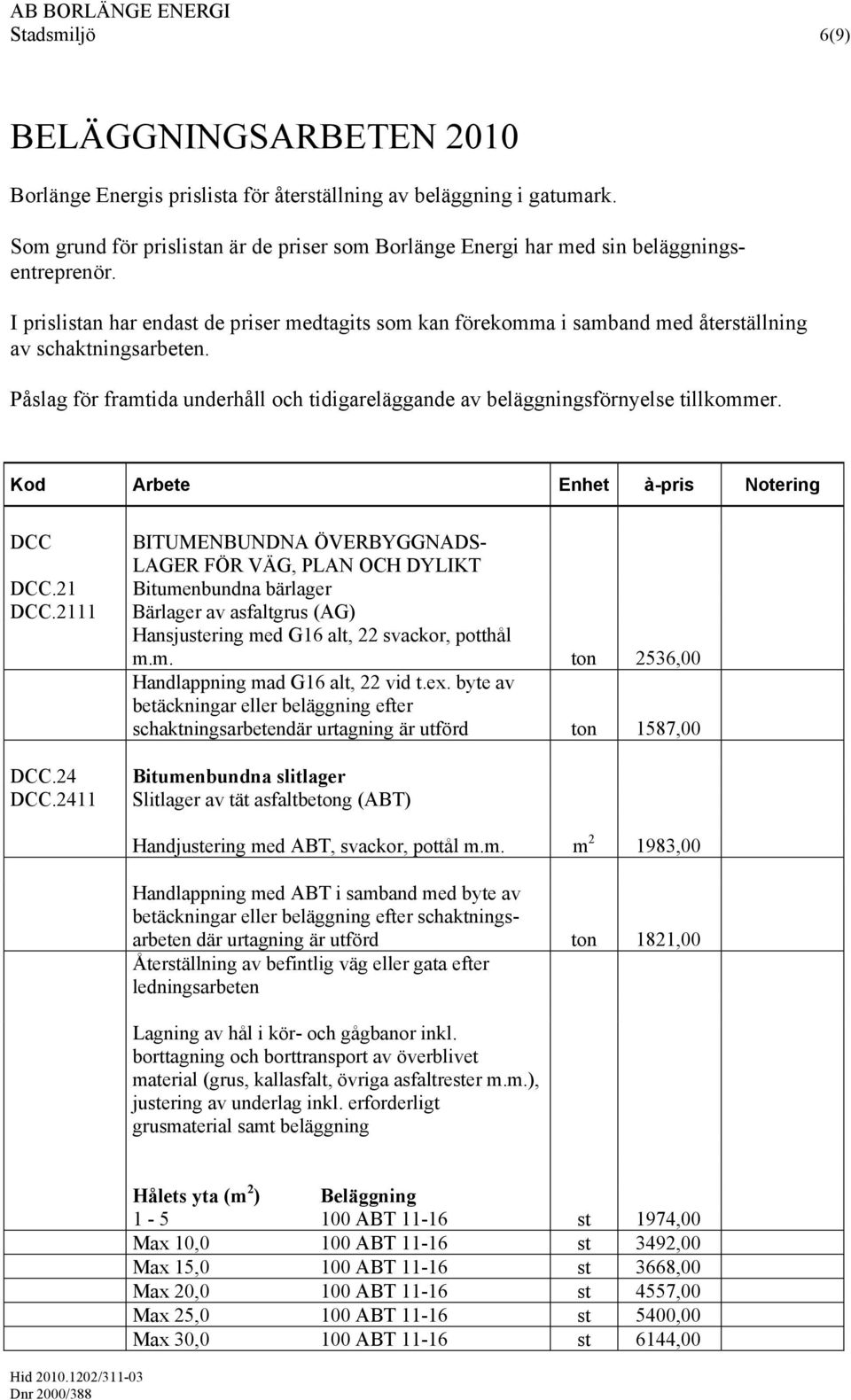 I prislistan har endast de priser medtagits som kan förekomma i samband med återställning av schaktningsarbeten. Påslag för framtida underhåll och tidigareläggande av beläggningsförnyelse tillkommer.