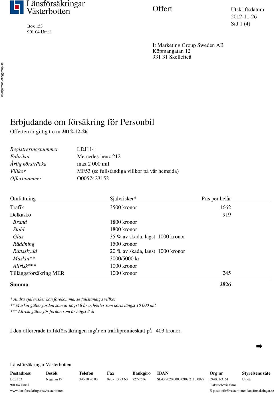villkor på vår hemsida) Offertnummer O0057423152 Omfattning Självrisker* Pris per helår Trafik 3500 kronor 1662 Delkasko 919 Brand 1800 kronor Stöld 1800 kronor Glas 35 % av skada, lägst 1000 kronor