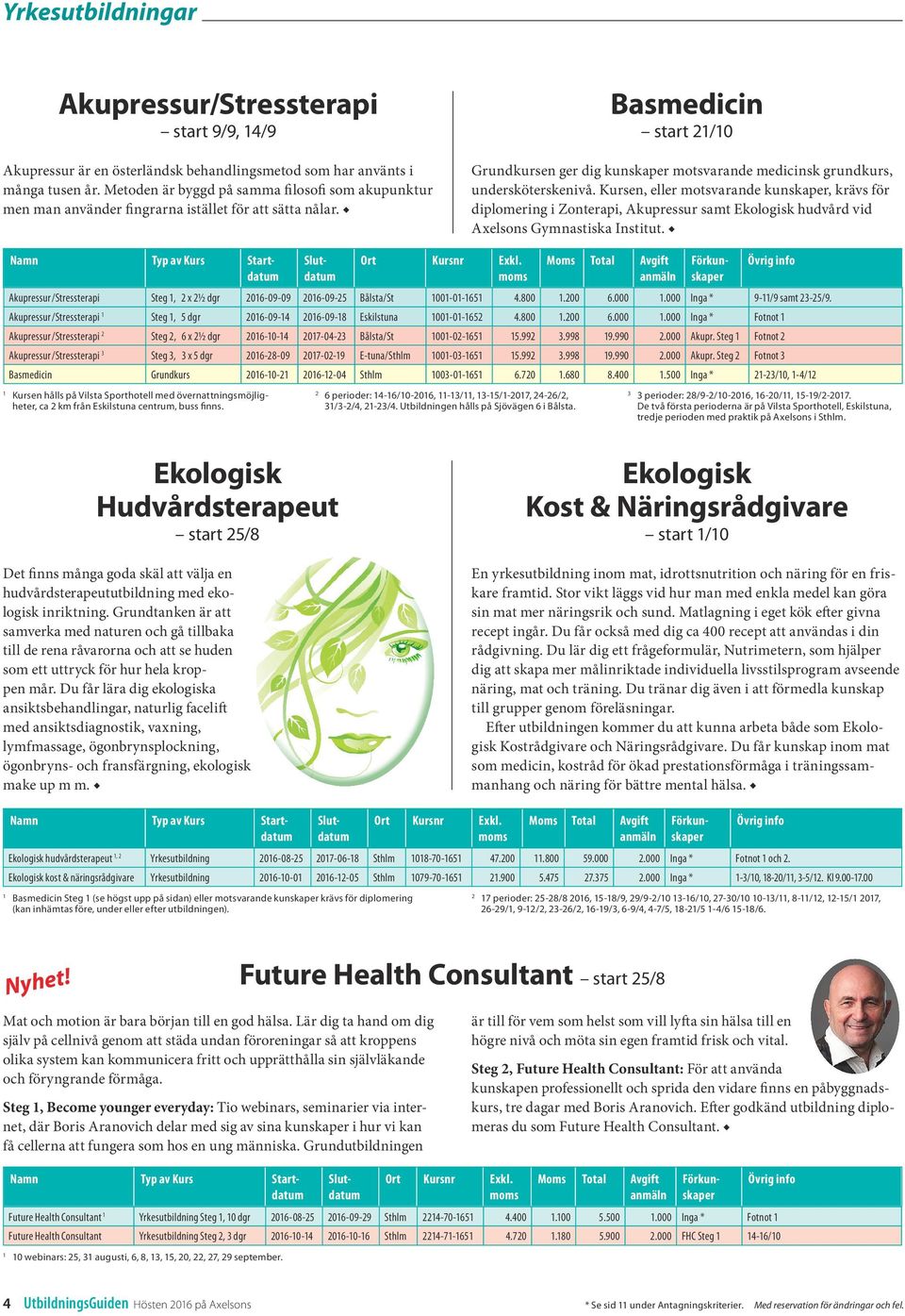 Kursen, eller motsvarande kunskaper, krävs för diplomering i Zonterapi, Akupressur samt Ekologisk hudvård vid Axelsons Gymnastiska Institut.