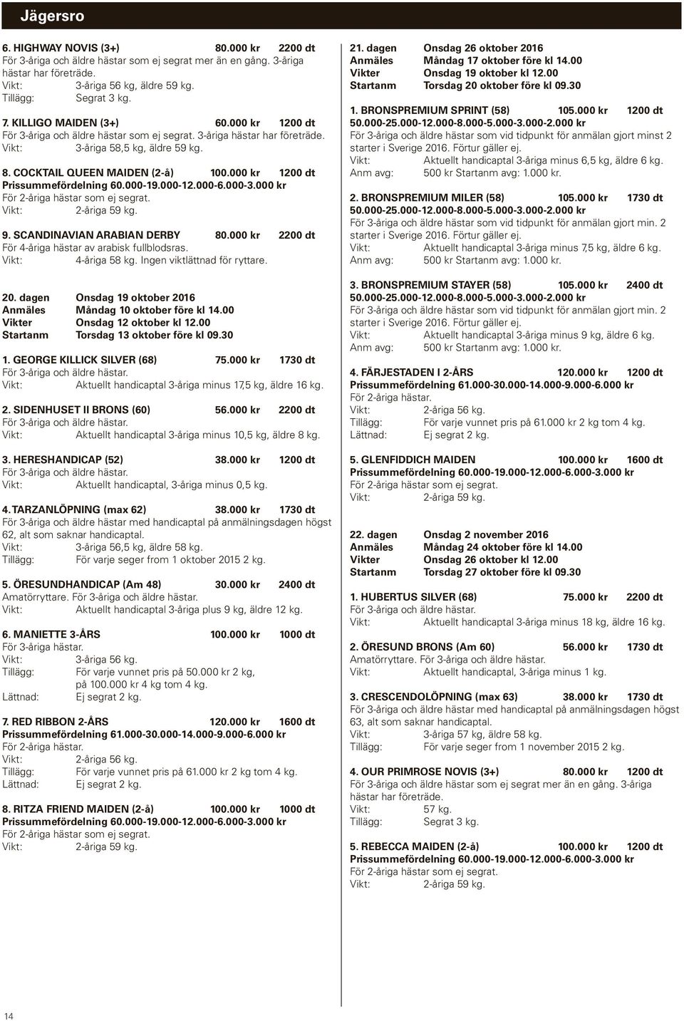 000 kr 1200 dt Prissummefördelning 60.000-19.000-12.000-6.000-3.000 kr 2-åriga 9. SCANDINAVIAN ARABIAN DERBY 80.000 kr 2200 dt För 4-åriga hästar av arabisk fullblodsras. 4-åriga 58 kg.