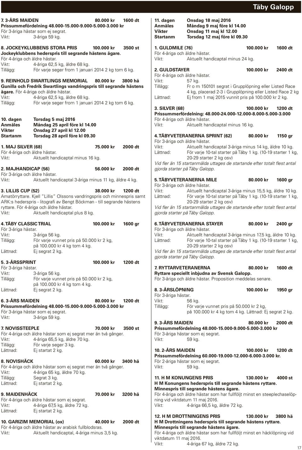 000 kr 3800 hä Gunilla och Fredrik Swartlings vandringspris till segrande hästens ägare. 4-åriga 62,5 kg, äldre 68 kg. Tillägg: För varje seger from 1 januari 2014 2 kg tom 6 kg. 10.