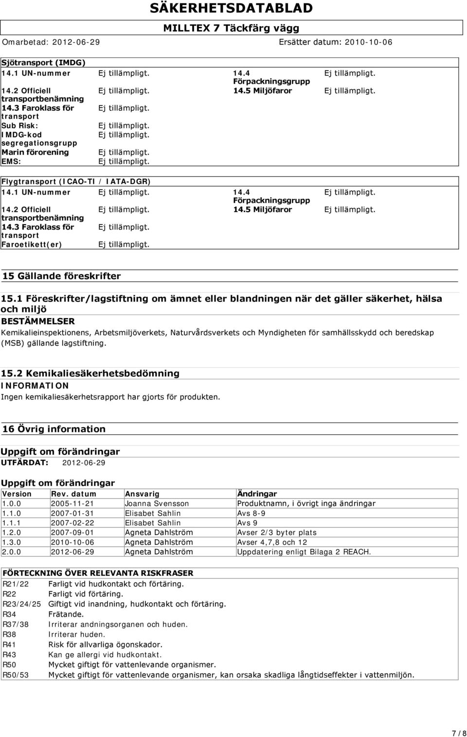 5 Miljöfaror transportbenämning 14.3 Faroklass för transport Faroetikett(er) 15 Gällande föreskrifter 15.