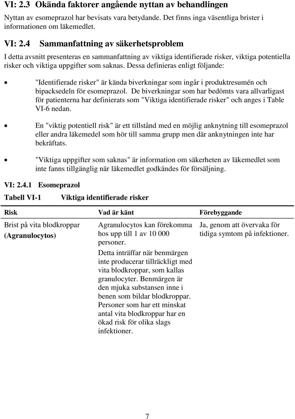 Dessa definieras enligt följande: "Identifierade risker" är kända biverkningar som ingår i produktresumén och bipacksedeln för esomeprazol.