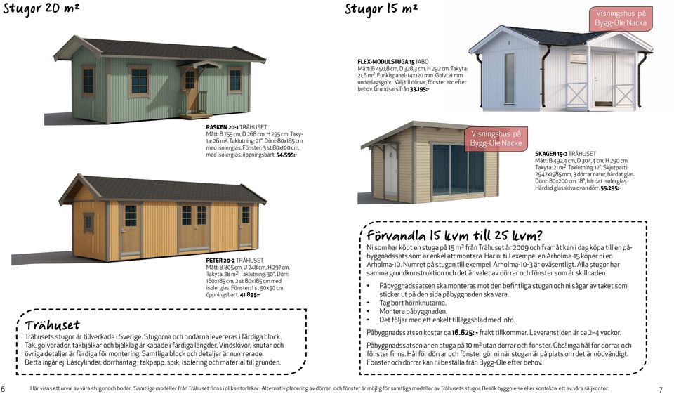 Fönster: 3 st 80x100 cm, med isolerglas, öppningsbart. 54.595:- SKAGEN 15-2 TRÄHUSET Mått: B 492,4 cm, D 304,4 cm, H 290 cm. Takyta: 21 m 2. Taklutning: 12.