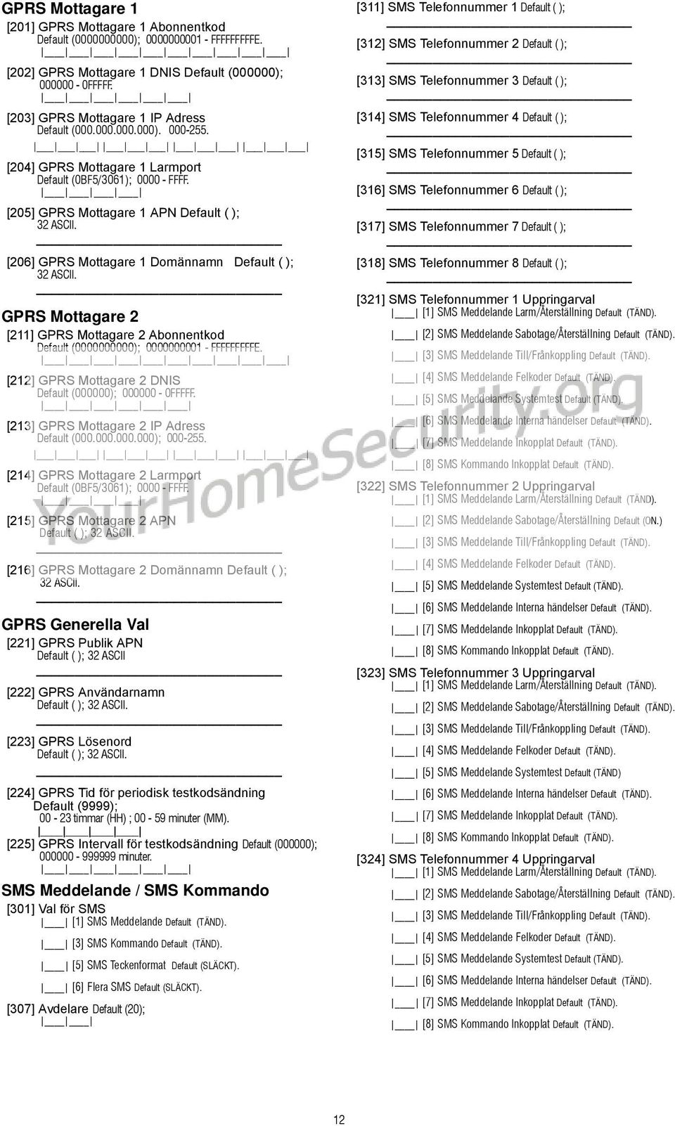 [206] GPRS Mottagare 1 Domännamn Default ( ); 32 ASCII. GPRS Mottagare 2 [211] GPRS Mottagare 2 Abonnentkod Default (0000000000); 0000000001 - FFFFFFFFFE.