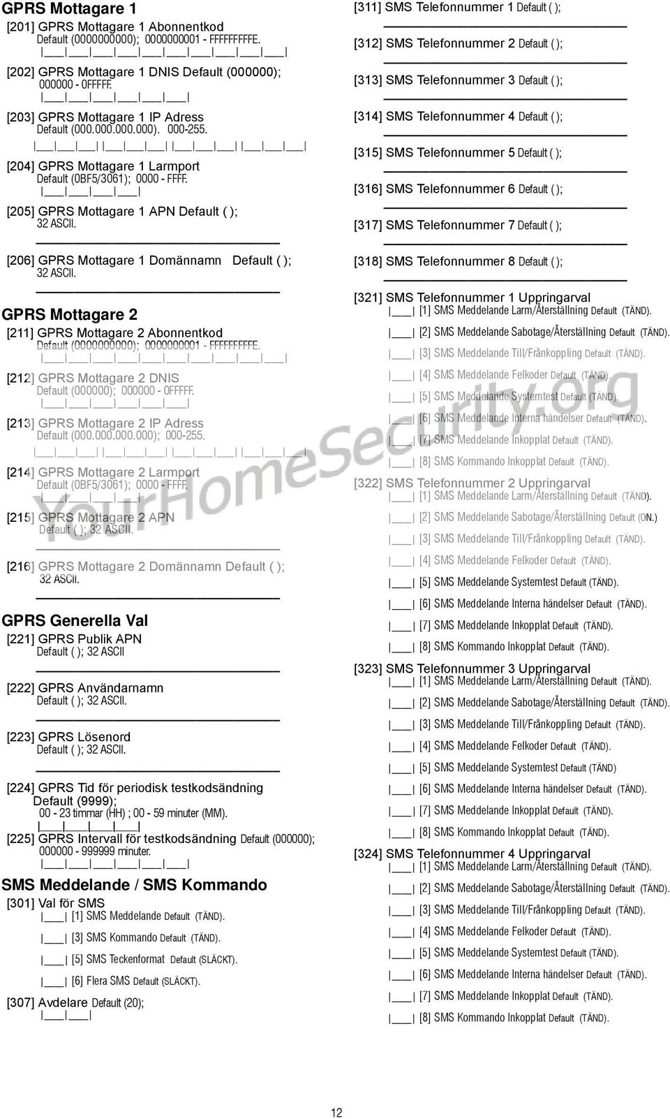 [206] GPRS Mottagare 1 Domännamn Default ( ); 32 ASCII. GPRS Mottagare 2 [211] GPRS Mottagare 2 Abonnentkod Default (0000000000); 0000000001 - FFFFFFFFFE.