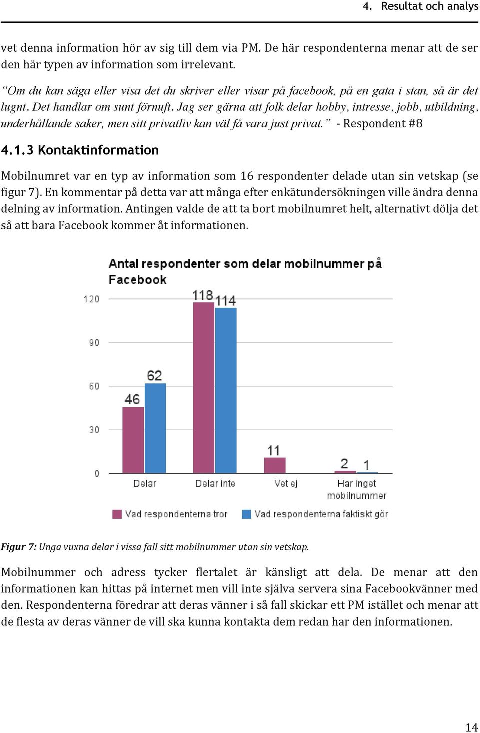 Jag ser gärna att folk delar hobby, intresse, jobb, utbildning, underhållande saker, men sitt privatliv kan väl få vara just privat. - Respondent #8 4.1.