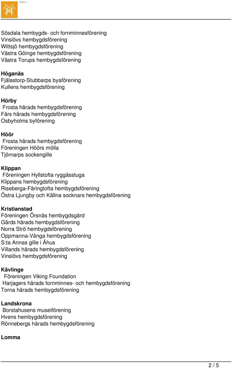 Riseberga-Färingtofta hembygdsförening Östra Ljungby och Källna socknars hembygdsförening Kristianstad Föreningen Örsnäs hembygdsgård Gärds härads hembygdsförening Norra Strö hembygdsförening