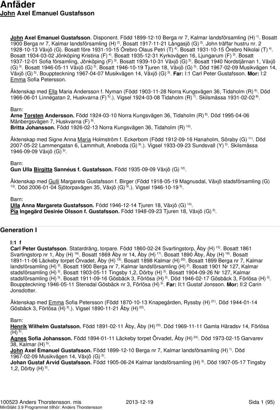 (F) 4) Bosatt 1935-12-31 Kyrkovägen 16, Ljungarum (F) 3) Bosatt 1937-12-01 Sofia församling, Jönköping (F) 3) Bosatt 1939-10-31 Växjö (G) 3) Bosatt 1940 Nordstjärnan 1, Växjö (G) 3) Bosatt 1946-05-11