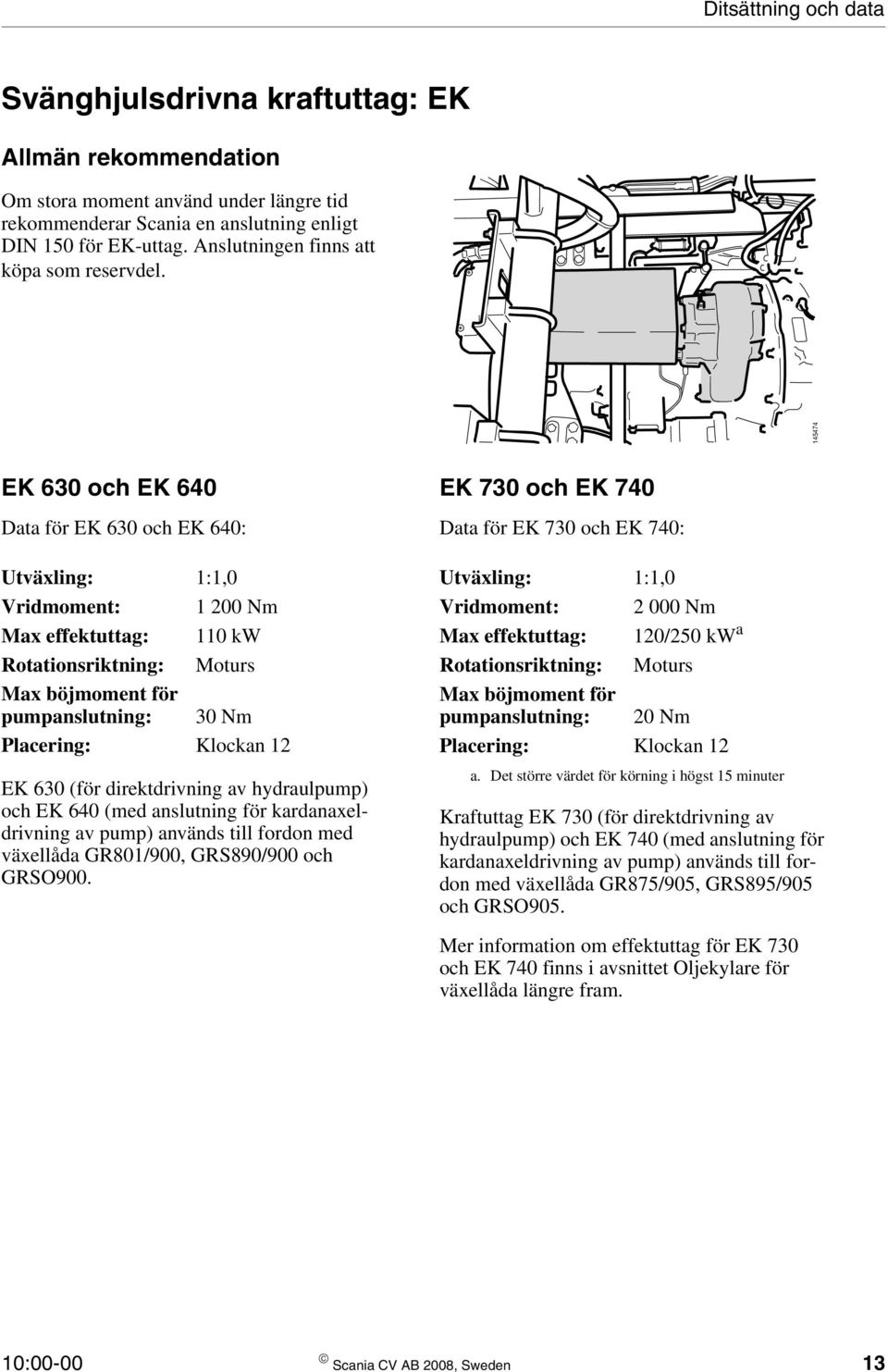 145474 EK 630 och EK 640 Data för EK 630 och EK 640: Utväxling: 1:1,0 Vridmoment: 1 200 Nm Max effektuttag: 110 kw Rotationsriktning: Moturs Max böjmoment för pumpanslutning: 30 Nm Placering: Klockan