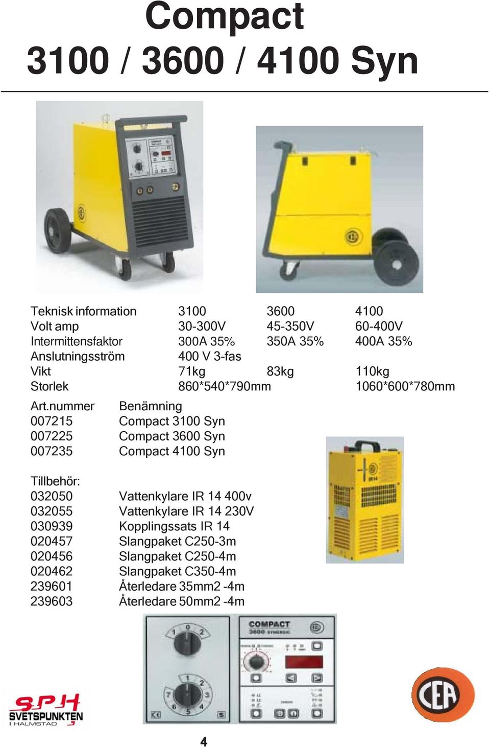 3600 Syn 007235 Compact 4100 Syn Tillbehör: 032050 Vattenkylare IR 14 400v 032055 Vattenkylare IR 14 230V 030939 Kopplingssats IR 14