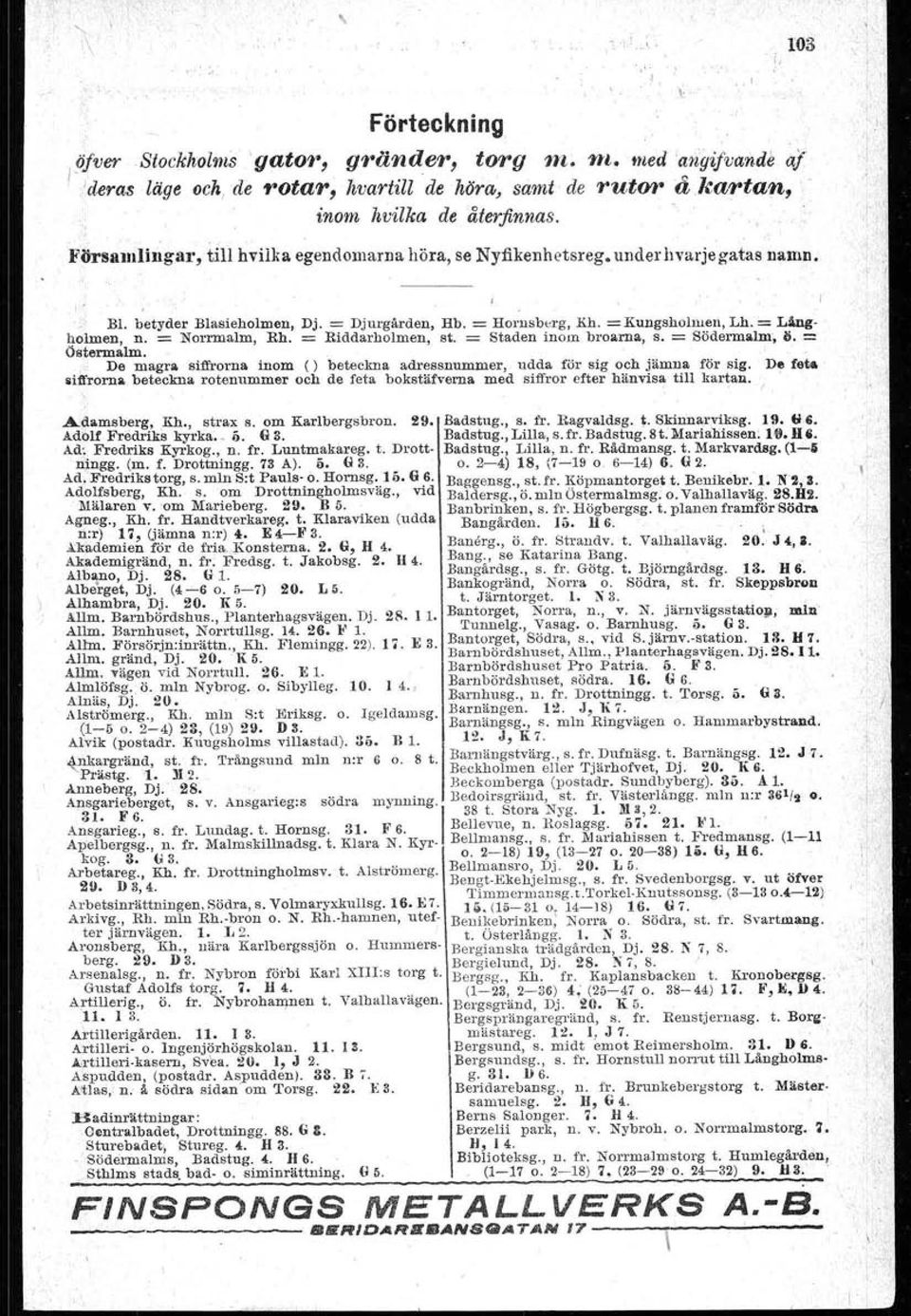 No'rrmulm, Rh. = Riddarholmen, st. = Staden inom broarna, S. = Bödermalm; lt. = De magra siffrorna inom () beteckna adressnummer, udda för sig och jämna för sig. De feta iiffrorna beteckna.