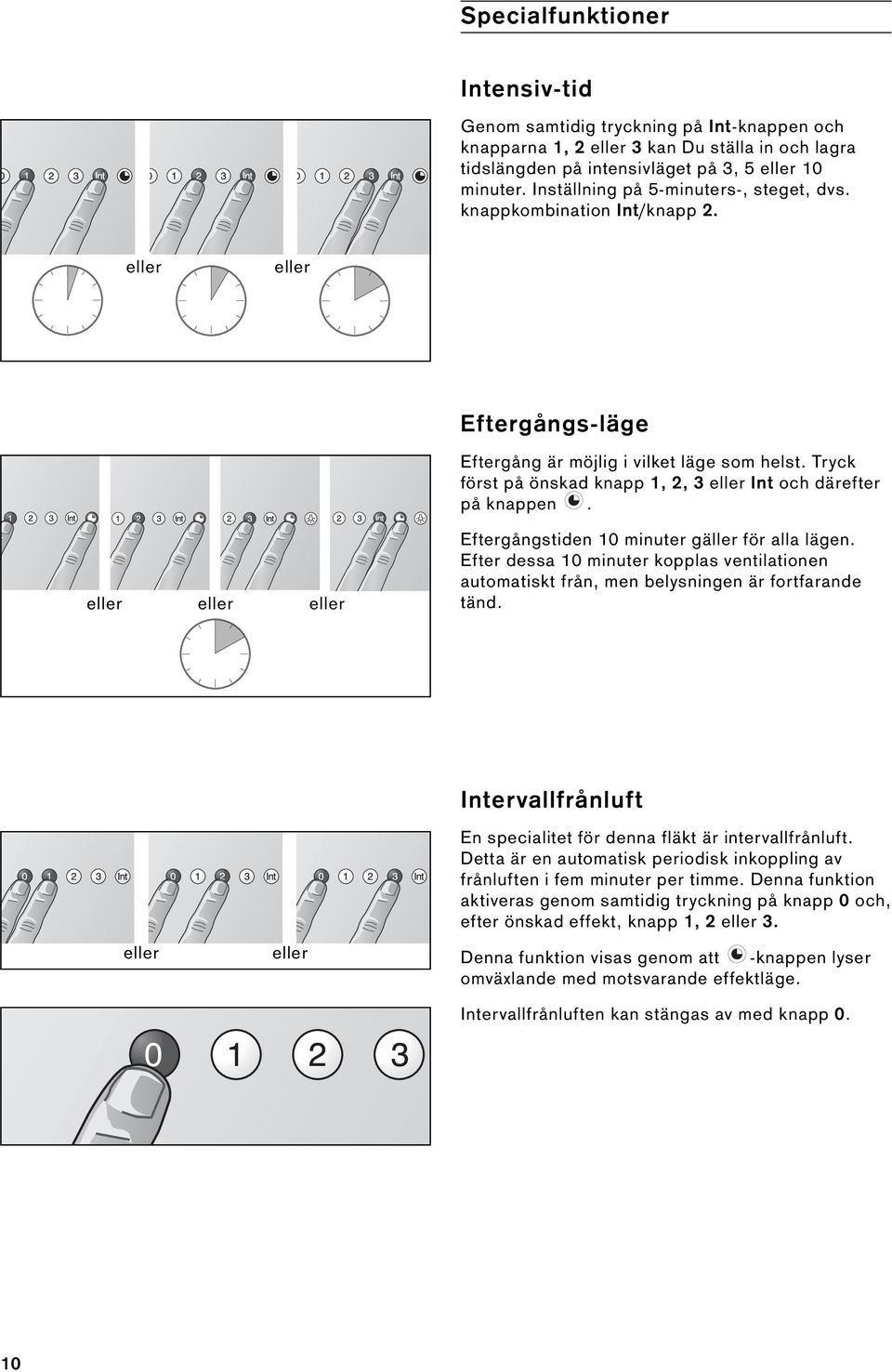 Tryck först på önskad knapp 1, 2, 3 eller Int och därefter på knappen. eller eller eller Eftergångstiden 10 minuter gäller för alla lägen.