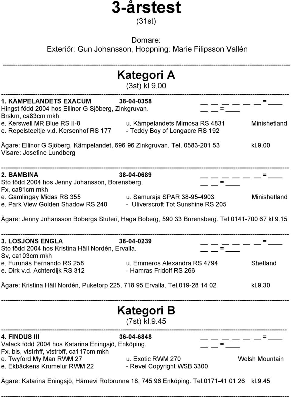 Tel. 0583-201 53 Visare: Josefine Lundberg kl.9.00 2. BAMBINA 38-04-0689 Sto född 2004 hos Jenny Johansson, Borensberg. Fx, ca81cm mkh e. Gamlingay Midas RS 355 u.