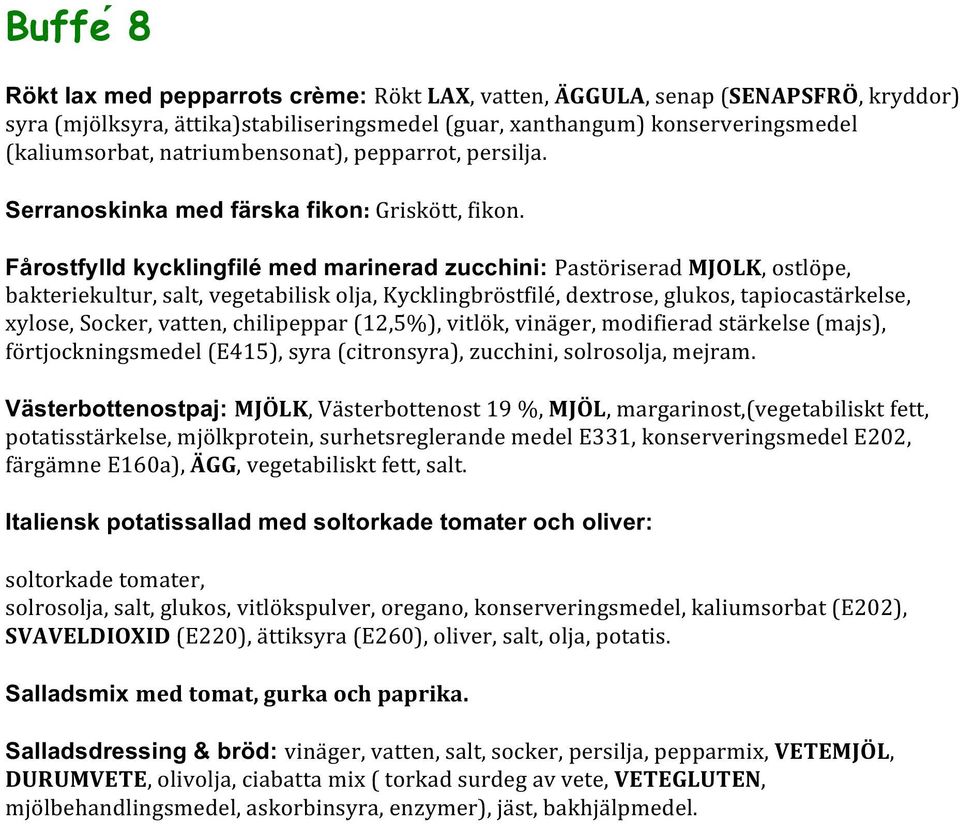 Fårostfylld kycklingfilé med marinerad zucchini: Pasto riserad MJOLK, ostlo pe, bakteriekultur, salt, vegetabilisk olja, Kycklingbro stfile, dextrose, glukos, tapiocasta rkelse, xylose, Socker,