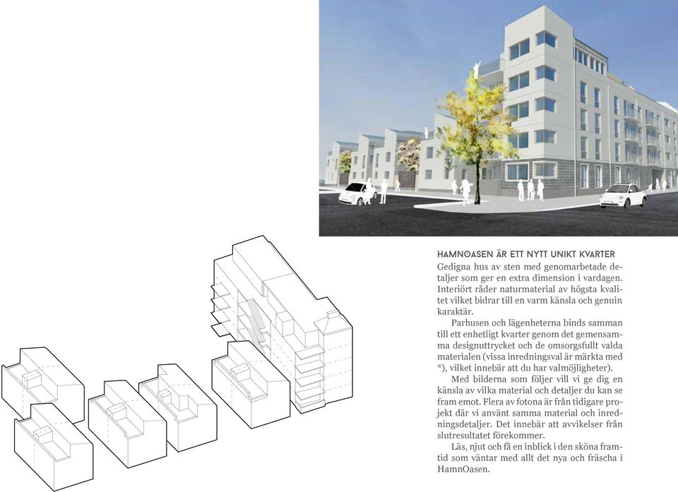 Parhusen och lägenheterna binds samman till ett enhetligt kvarter genom det gemensamma designuttrycket och de omsorgsfullt valda materialen (vissa inredningsval är märkta med *), vilket innebär att