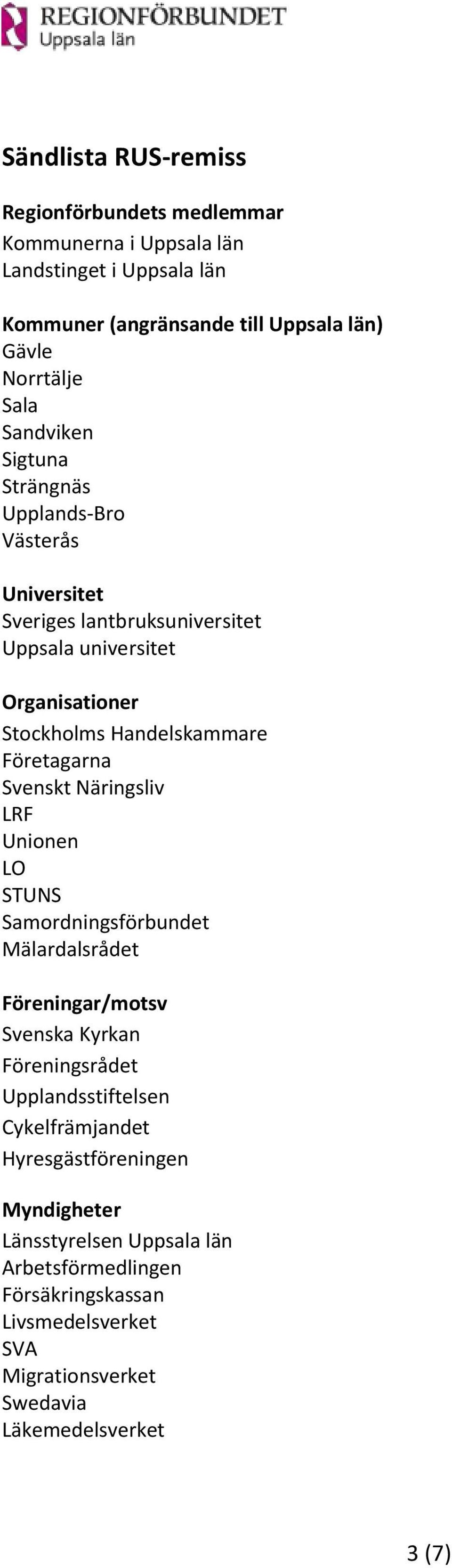 Företagarna Svenskt Näringsliv LRF Unionen LO STUNS Samordningsförbundet Mälardalsrådet Föreningar/motsv Svenska Kyrkan Föreningsrådet Upplandsstiftelsen