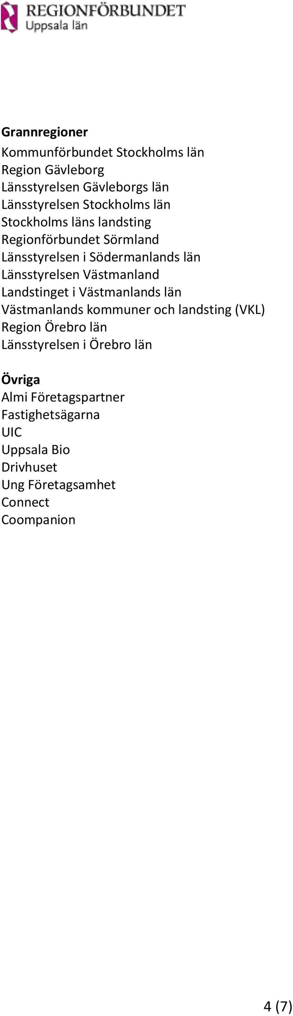 Landstinget i Västmanlands län Västmanlands kommuner och landsting (VKL) Region Örebro län Länsstyrelsen i Örebro
