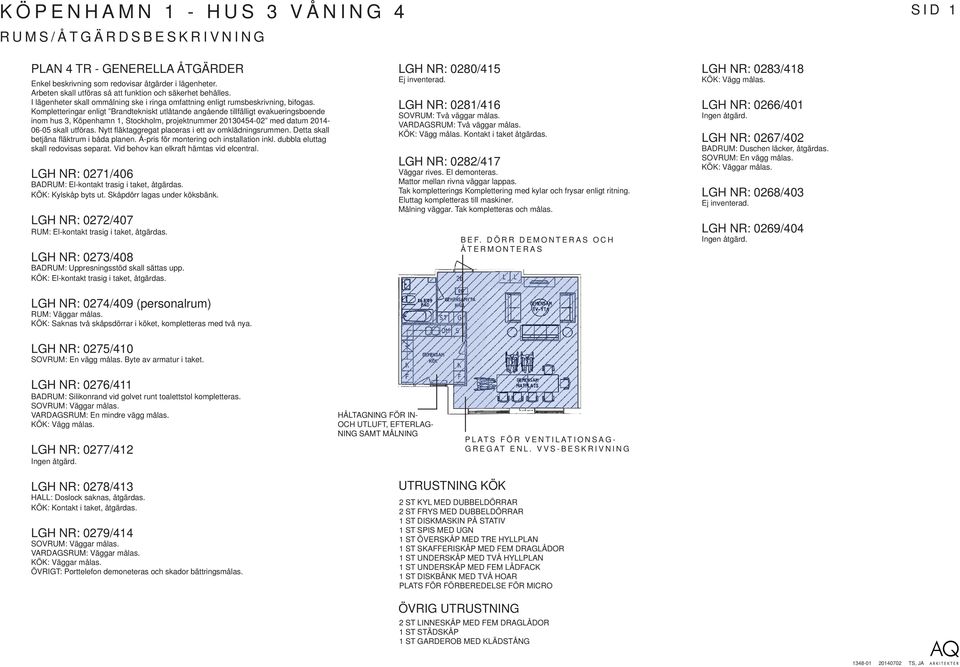 Kompletteringar enligt Brandtekniskt utlåtande angående tillfälligt evakueringsboende inom hus 3, Köpenhamn 1, Stockholm, projektnummer 20130454-02 med datum 2014-06-05 skall utföras.