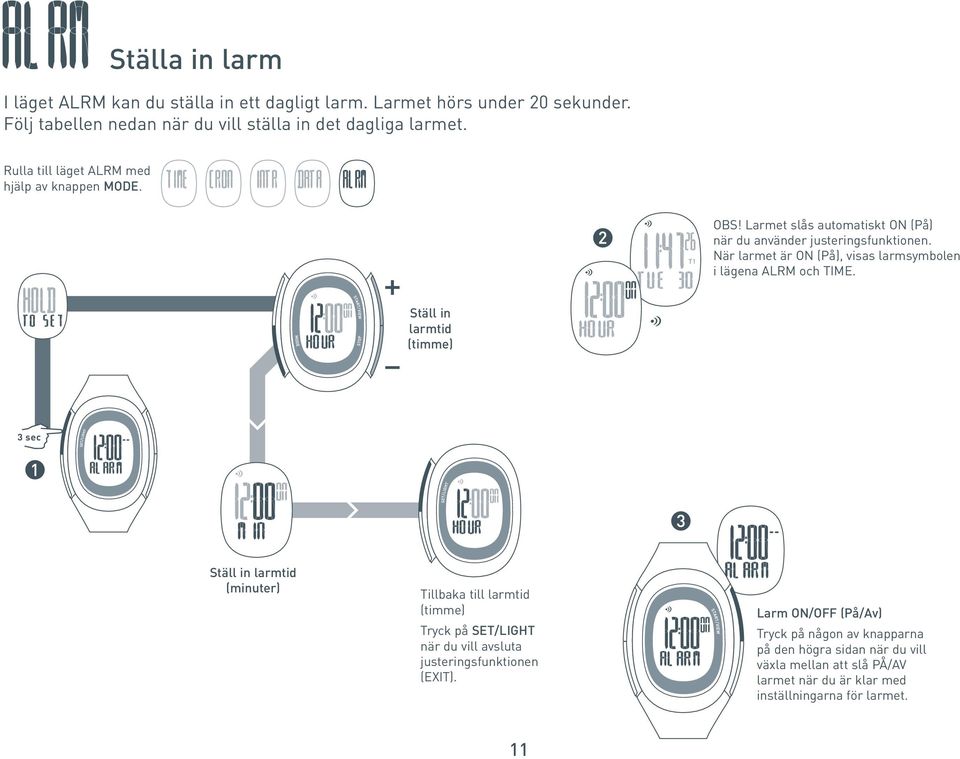 När larmet är ON (På), visas larmsymbolen i lägena ALRM och TIME.