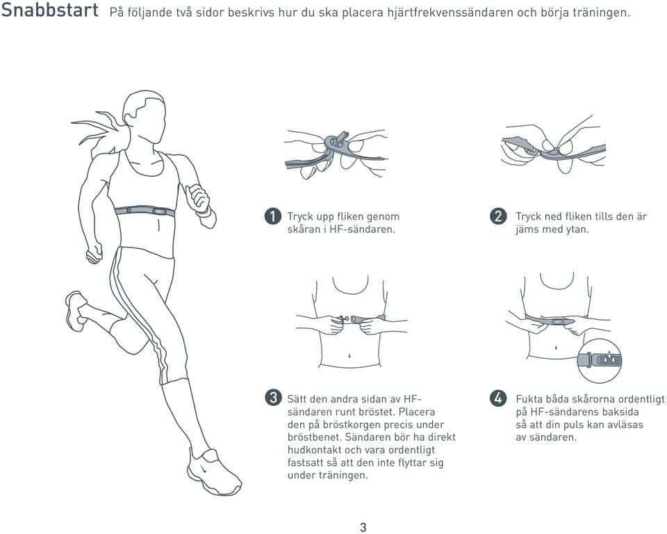 Sätt den andra sidan av HFsändaren runt bröstet. Placera den på bröstkorgen precis under bröstbenet.