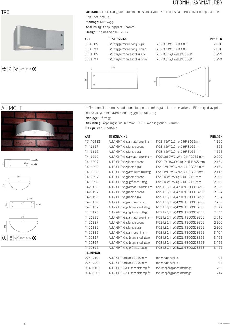 3350185 TRE väggarmatur nedljus grå 55 9,8 W/LED/3000K 2 838 3350193 TRE väggarmatur nedljus brun 55 9,8 W/LED/3000K 2 838 3351185 TRE väggarm ned/uppljus grå 55 9,8+2,4W/LED/3000K 3 259 3351193 TRE