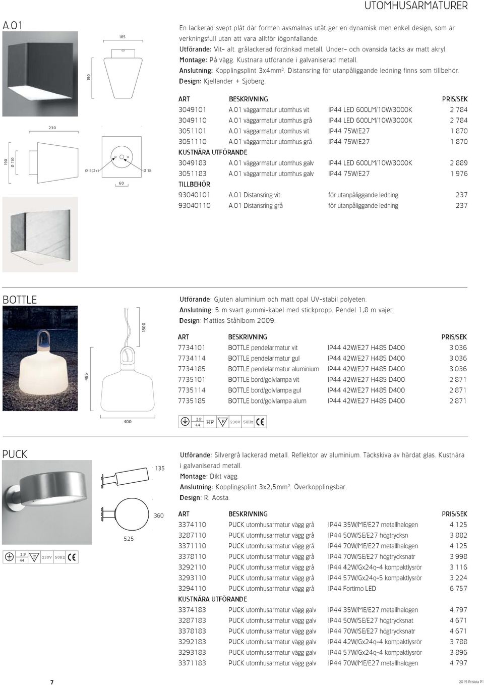 Distansring för utanpåliggande ledning finns som tillbehör. Design: Kjellander + Sjöberg. 3049101 A.01 väggarmatur utomhus vit LED 600LM/10W/3000K 2 784 3049110 A.