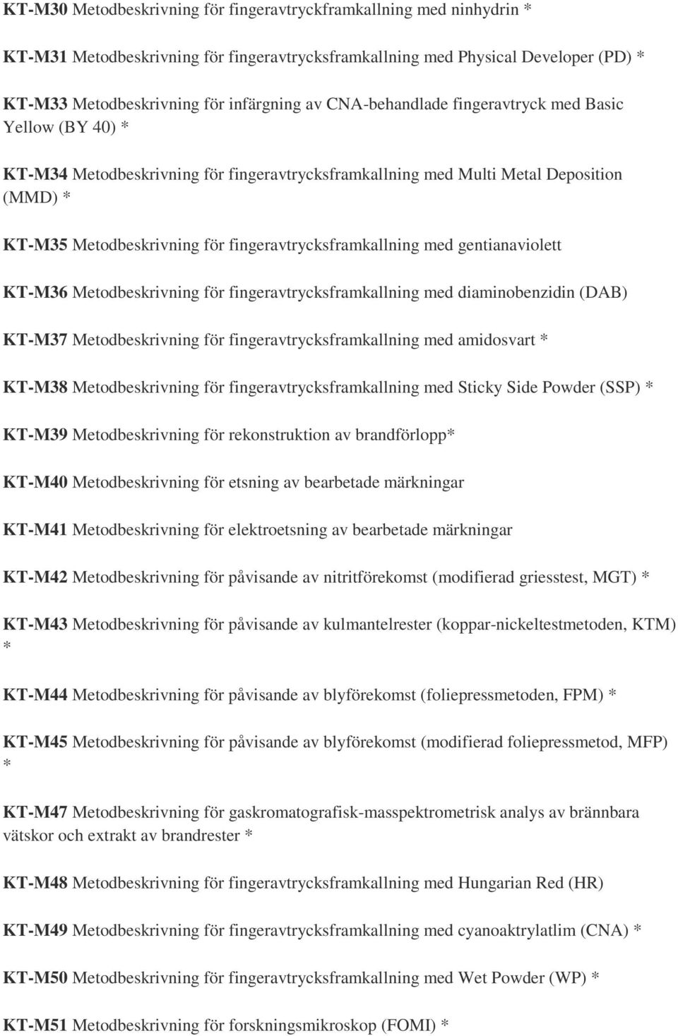 med gentianaviolett KT-M36 Metodbeskrivning för fingeravtrycksframkallning med diaminobenzidin (DAB) KT-M37 Metodbeskrivning för fingeravtrycksframkallning med amidosvart KT-M38 Metodbeskrivning för