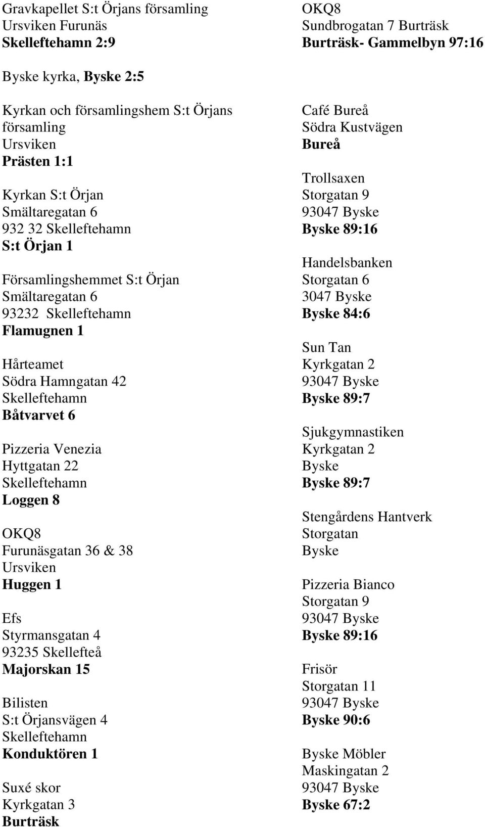 Båtvarvet 6 Pizzeria Venezia Hyttgatan 22 Skelleftehamn Loggen 8 Furunäsgatan 36 & 38 Ursviken Huggen 1 Efs Styrmansgatan 4 93235 Skellefteå Majorskan 15 Bilisten S:t Örjansvägen 4 Skelleftehamn