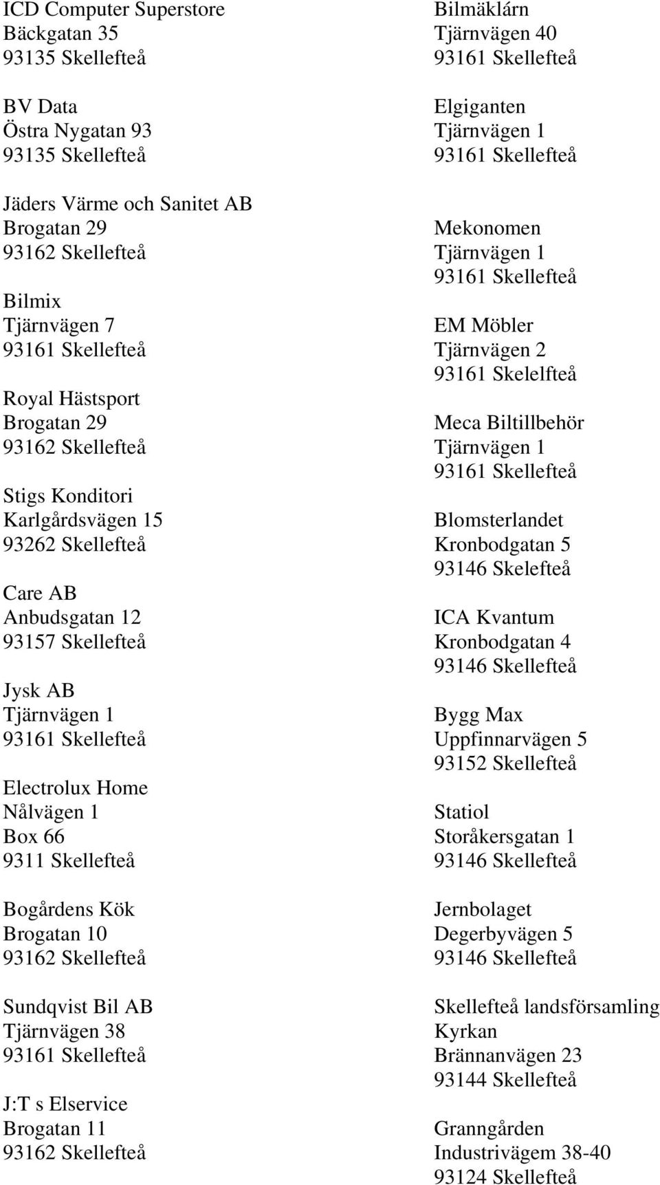 Tjärnvägen 38 J:T s Elservice Brogatan 11 93162 Skellefteå Bilmäklárn Tjärnvägen 40 Elgiganten Mekonomen EM Möbler Tjärnvägen 2 93161 Skelelfteå Meca Biltillbehör Blomsterlandet Kronbodgatan 5 93146