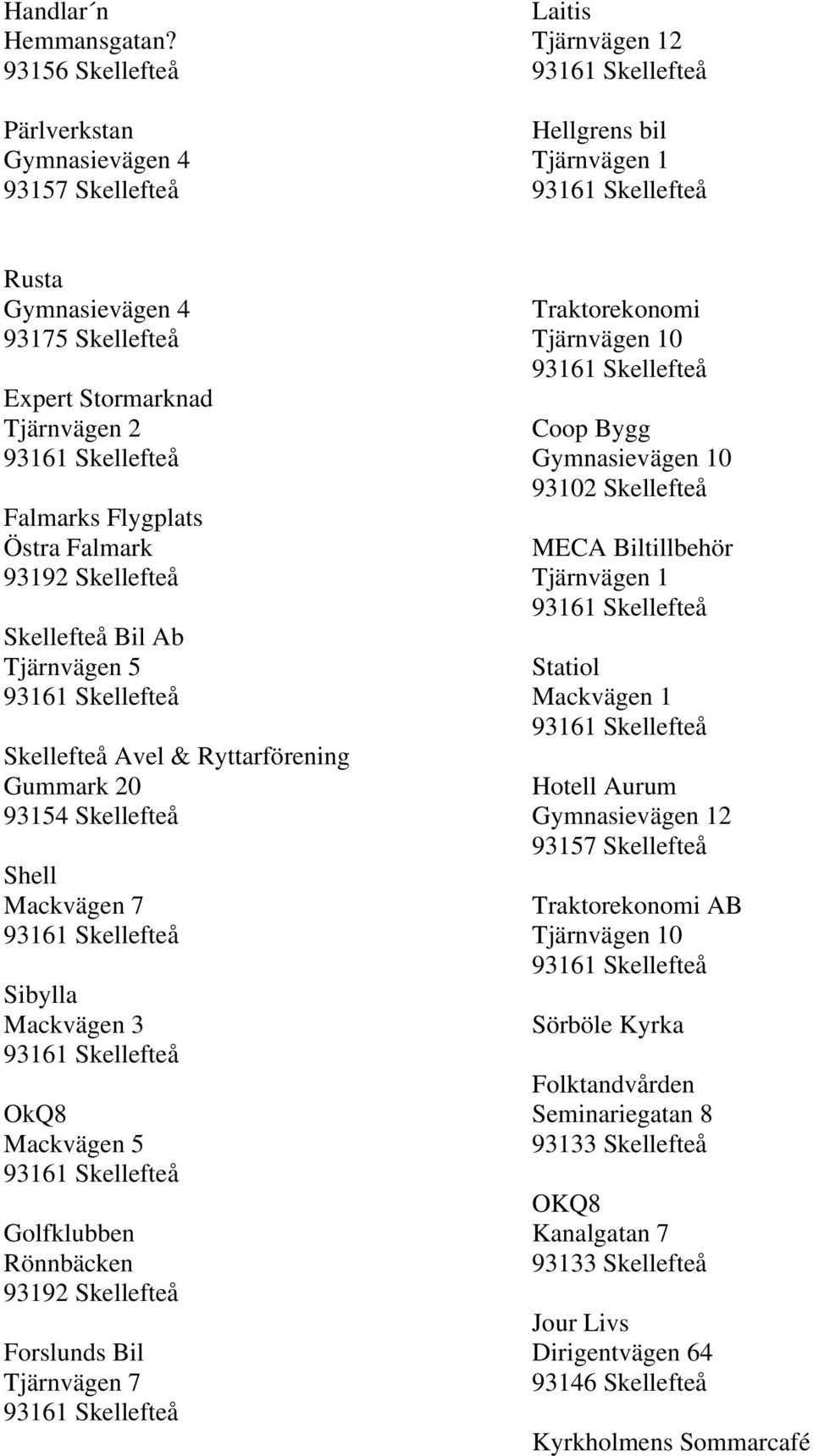 93192 Skellefteå Skellefteå Bil Ab Tjärnvägen 5 Skellefteå Avel & Ryttarförening Gummark 20 93154 Skellefteå Shell Mackvägen 7 Sibylla Mackvägen 3 OkQ8 Mackvägen 5 Golfklubben Rönnbäcken 93192