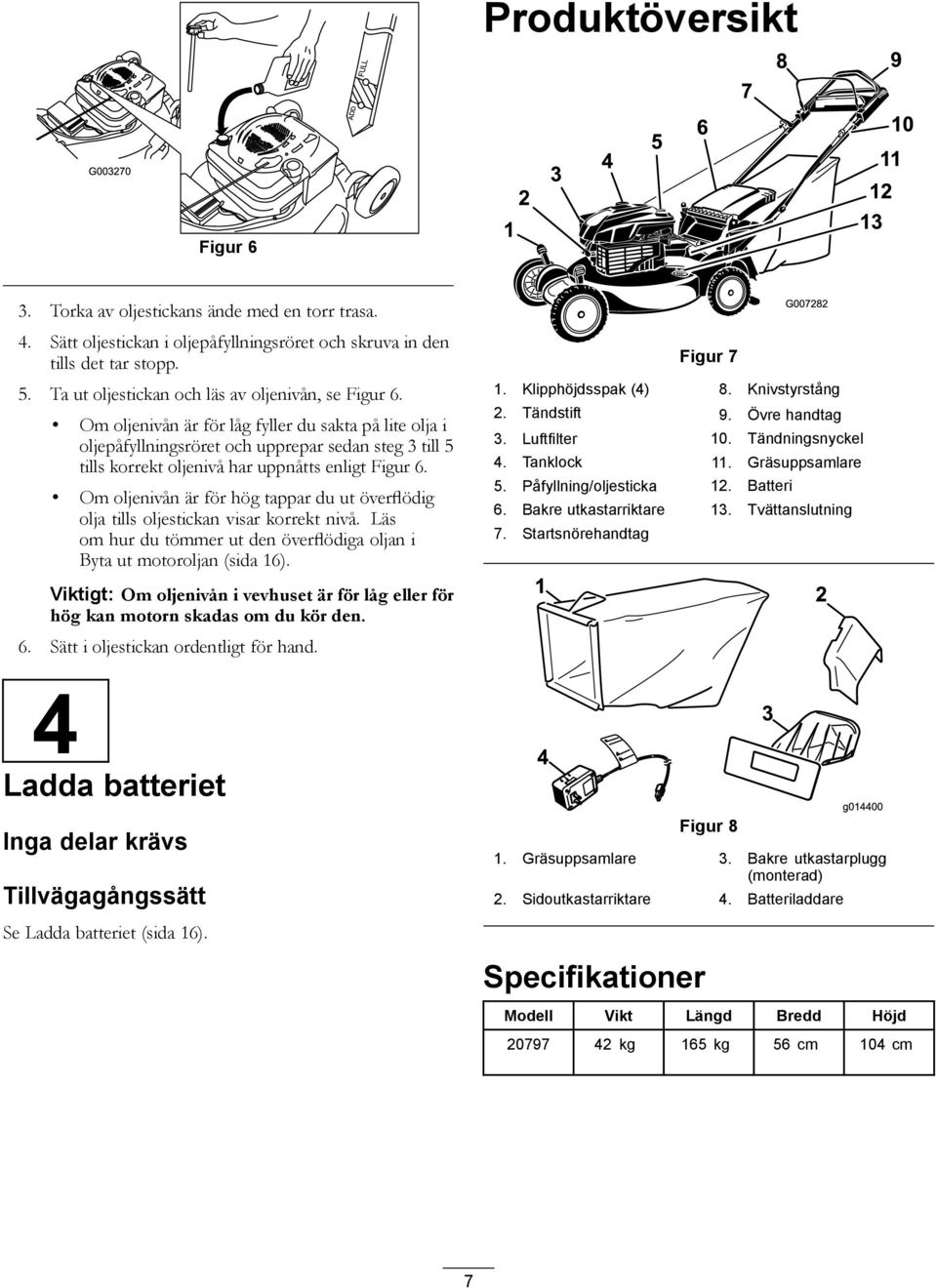 Om oljenivån är för låg fyller du sakta på lite olja i oljepåfyllningsröret och upprepar sedan steg 3 till 5 tills korrekt oljenivå har uppnåtts enligt Figur 6.
