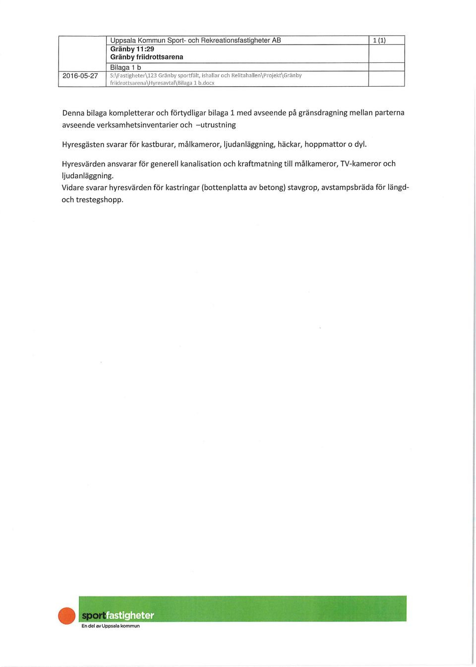 docx Denna bilaga kompletterar och förtydligar bilaga 1 med avseende på gränsdragning mellan parterna avseende verksamhetsinventarier och utrustning Hyresgästen svarar för kastburar,